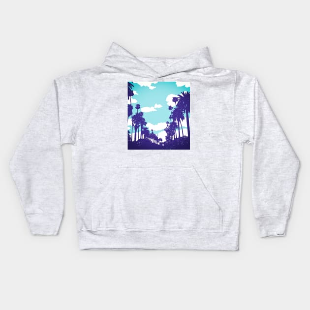 Blue alley of palm trees in California Kids Hoodie by Mimie20